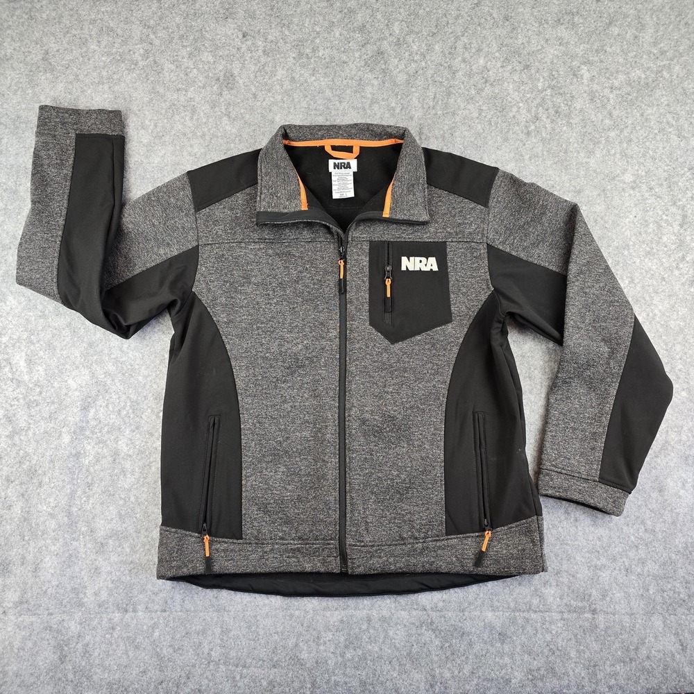 NRA Jacket Mens Large Gray Black Softshell Windbreaker Full Zip Pockets Outdoor